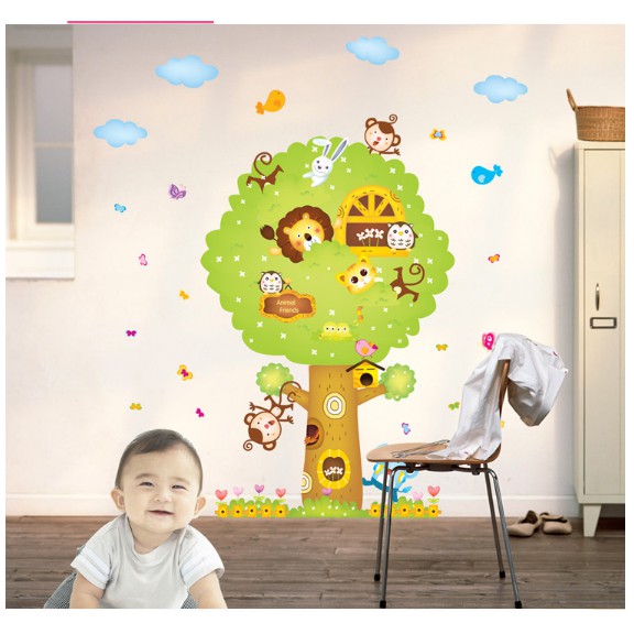 Decal trang trí cây xanh và thú xinh size lớn