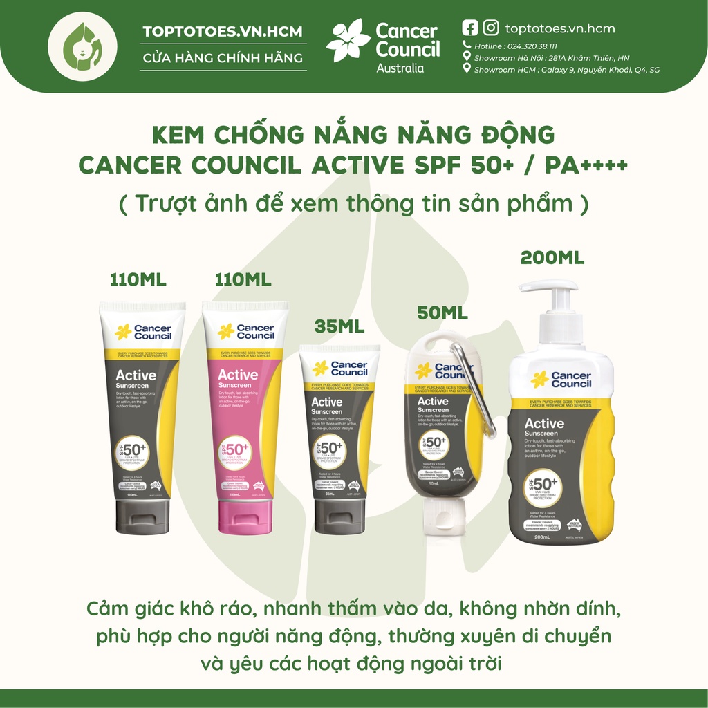 Kem chống nắng Năng động Cancer Council Active SPF 50+/ PA ++++