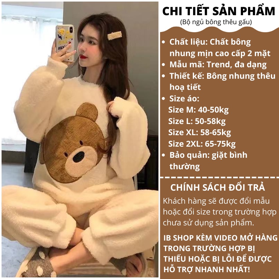 Bộ ngủ bông dài tay hình gấu, đồ ngủ nữ, chất lông mềm mịn, dày dặn, thêu dệt hoạ tiết Gấu cute hàng quảng châu