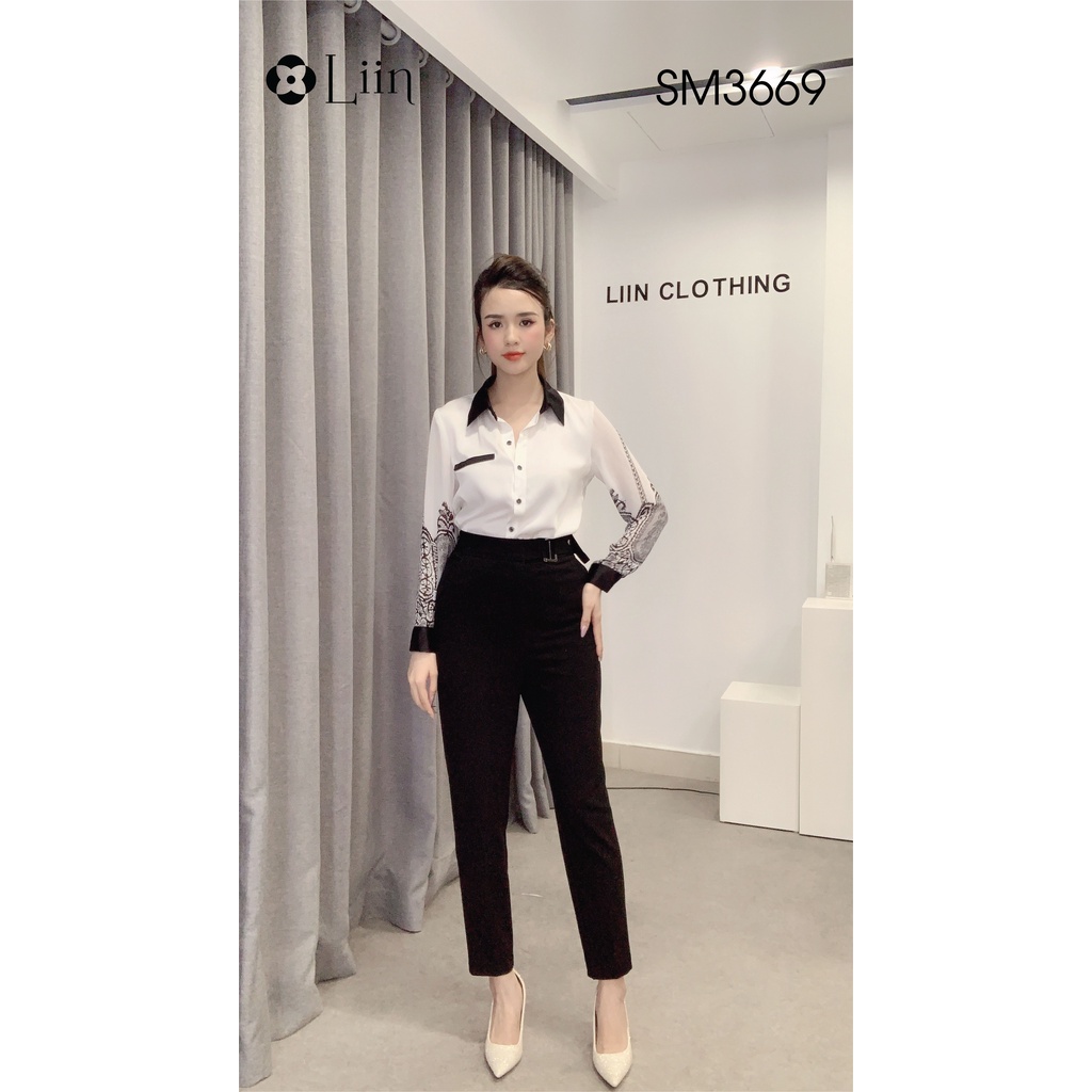 Áo sơ mi nữ màu Trắng thiết kế dài Tay Họa Tiết form công sở thanh lịch Liin Clothing SM3669