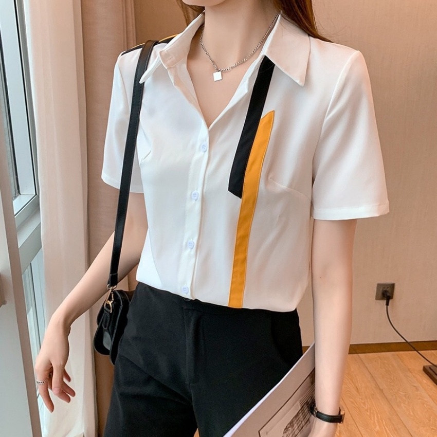 Áo sơ mi nữ ngắn tay kiểu đẹp viền một bên vai phong cách Hàn Quốc kiểu dáng basic trẻ trung sang trọng