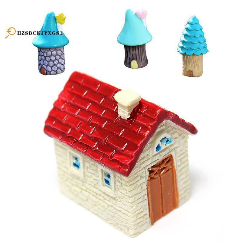 4pcs Miniature Resin Small House Ornaments Home Garden Landscape Decoration - 1pcs Red & 3pcs Blue