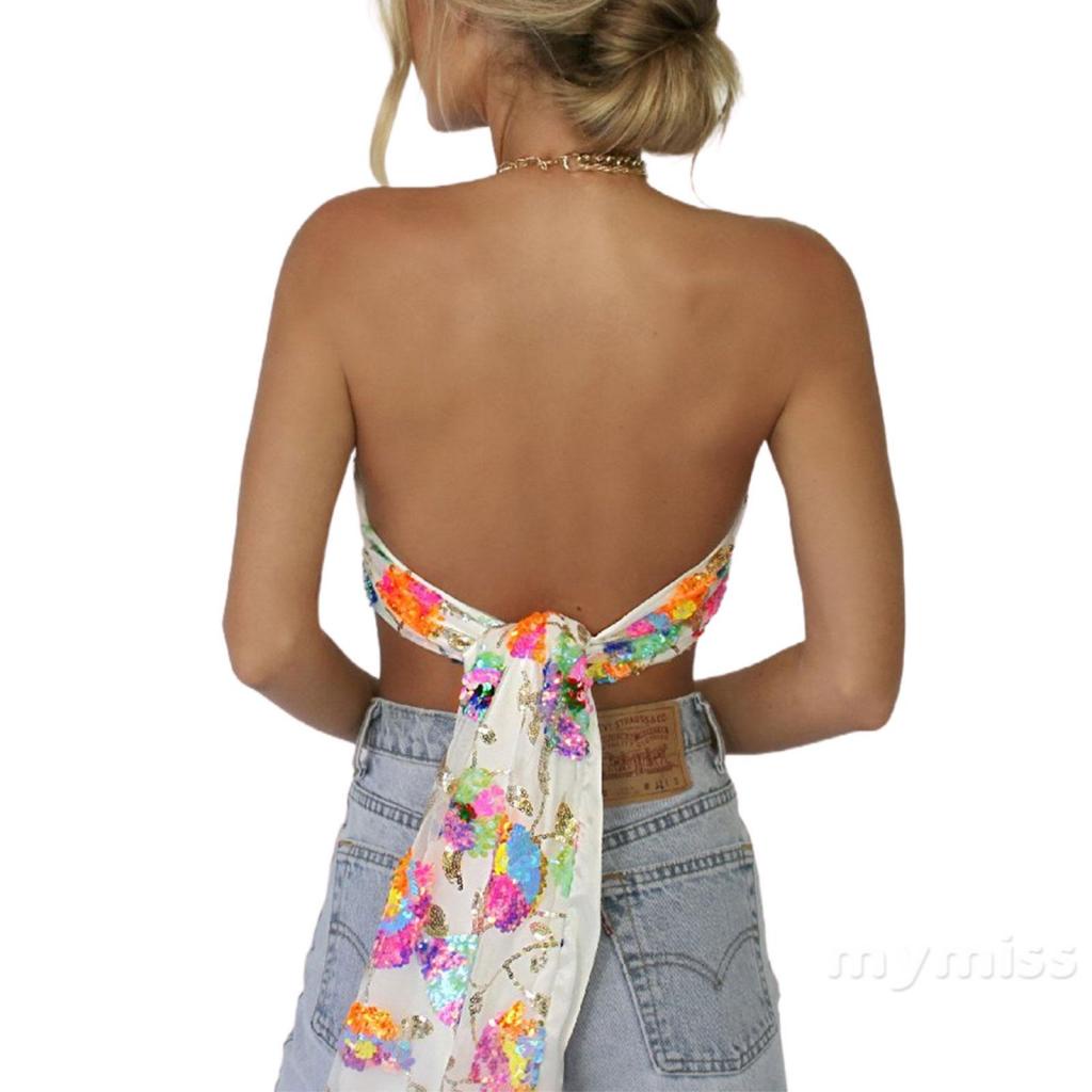 Áo Croptop Cổ Yếm Đính Kim Sa Lấp Lánh Thời Trang Mùa Hè Cho Nữ