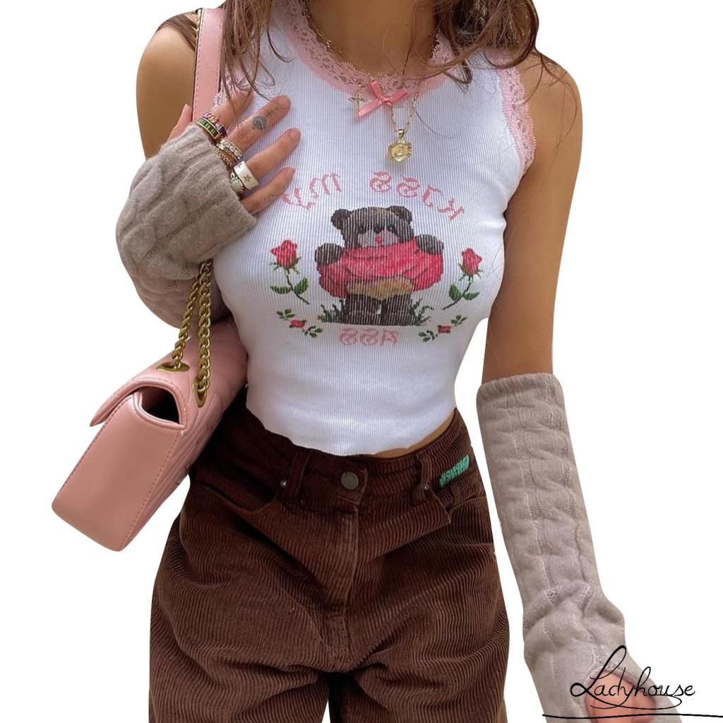 Áo Croptop Không Tay Cổ Thuyền In Họa Tiết Gấu Hoạt Hình Thời Trang Mùa Hè Cho Nữ