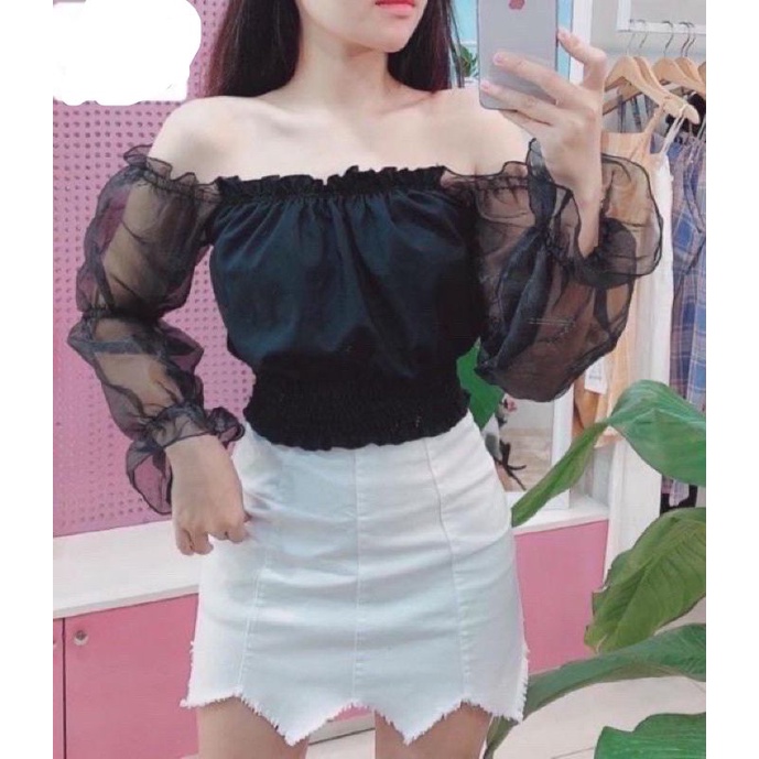 Áo croptop công chúa bẹt vai bo eo hot hit