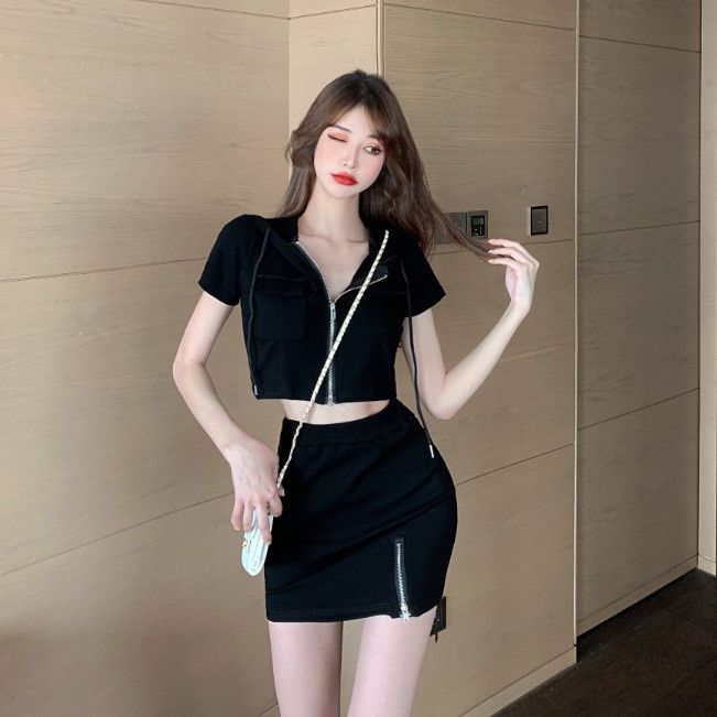 Set áo khoác có mũ + chân váy ngắn phong cách thể thao thời trang Hàn Quốc mùa hè năm 2021 mới