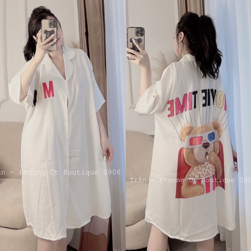 Đầm váy ngủ mặc nhà Lụa phom rộng cổ sơ mi cao cấp (mẹ bầu | sau sinh bon chen thoải mái) dưới 72kg