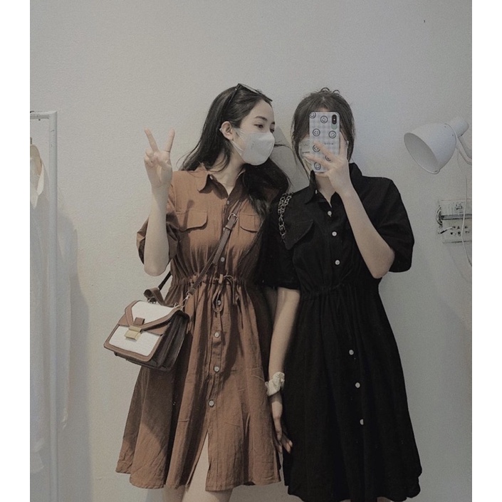 VÁY SƠ MI CỔ ĐỨC TÚI HỘP RÚT CHUN EO DÁNG VINTAGE VSMREV