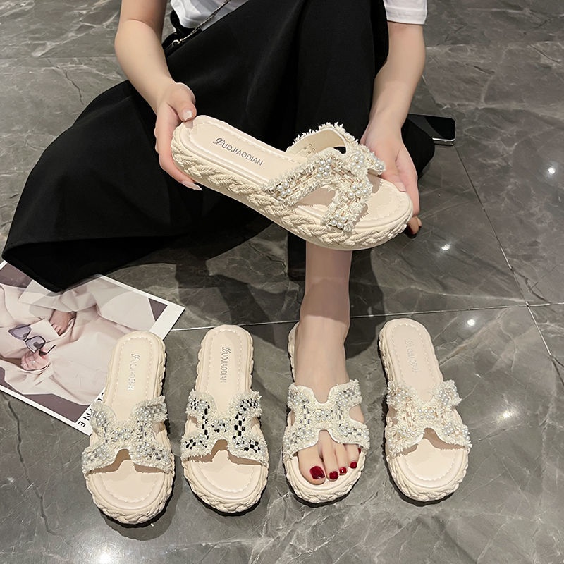 Dép bánh mì đế cao Dép đế xuồng Dép Sandal Đế Mềm Đính Ngọc Trai Thời Trang Mùa Hè 2022 Cho Nữ