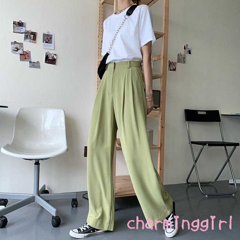 Quần Dài Lưng Cao Ống Rộng Màu Trơn Thời Trang Cho Nữ