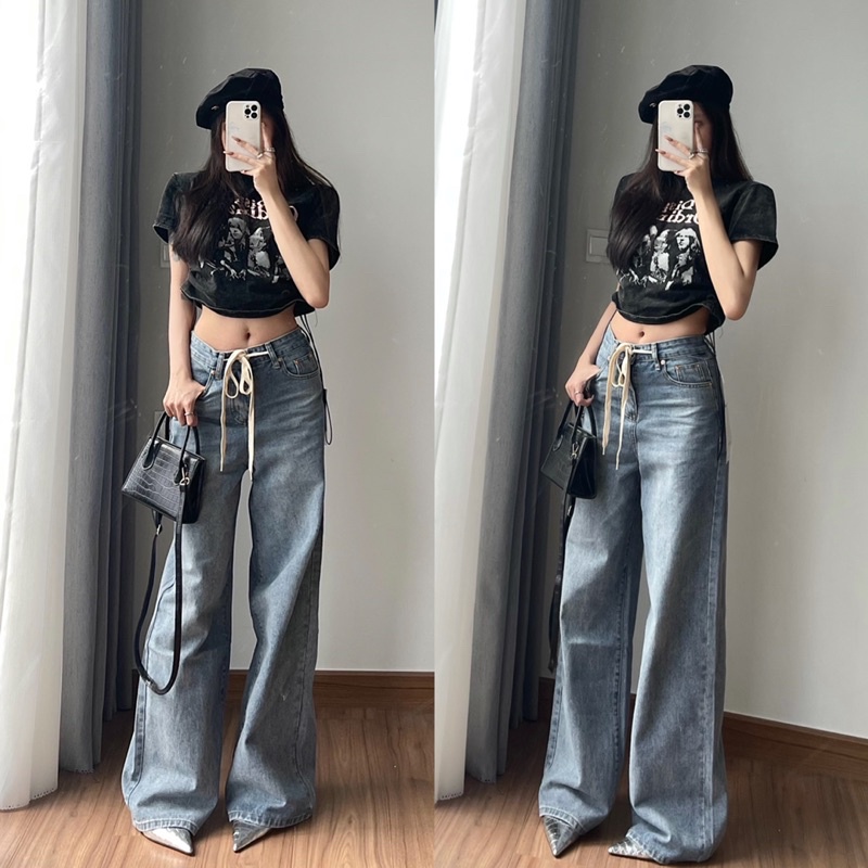 Quần jeans ống rộng kèm dây thắt - Áo croptop xám hoạ tiết