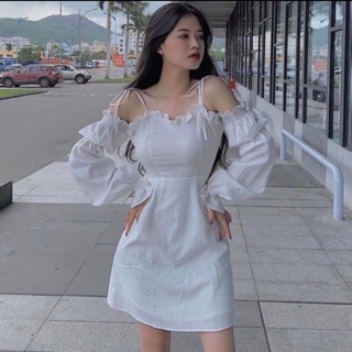 🌟đầm trắng rớt vai tay bo