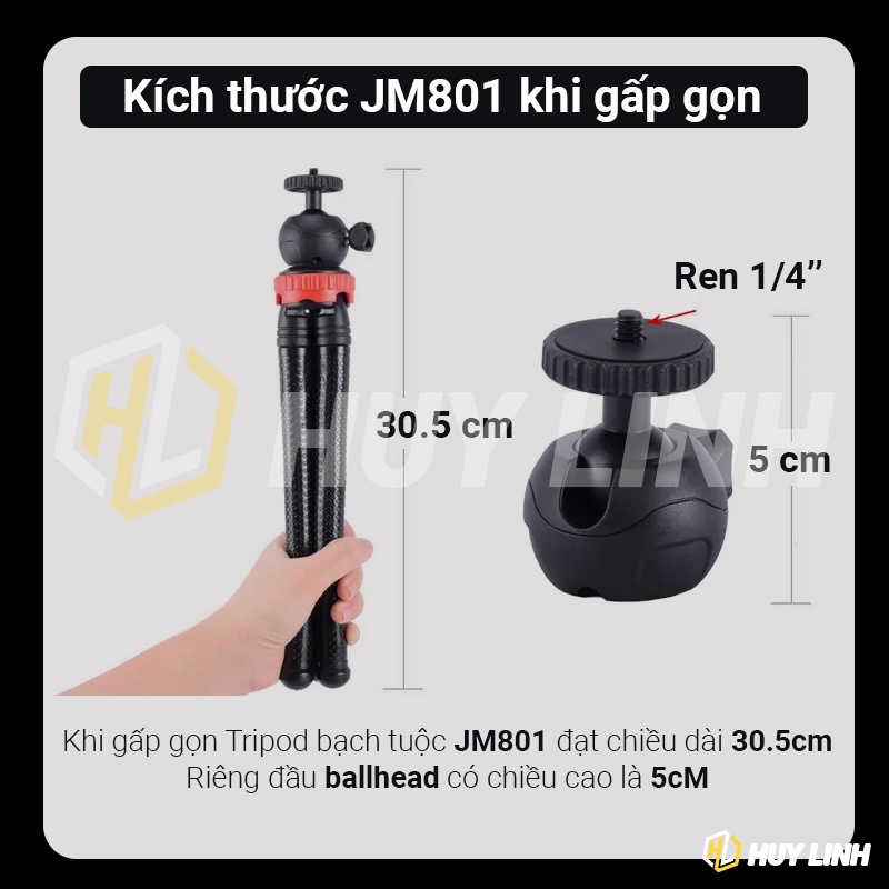 Chân máy ảnh Tripod Octopus JM801 - Kèm Ballhead tháo rời và tặng ngàm kẹp chữ U điện thoại