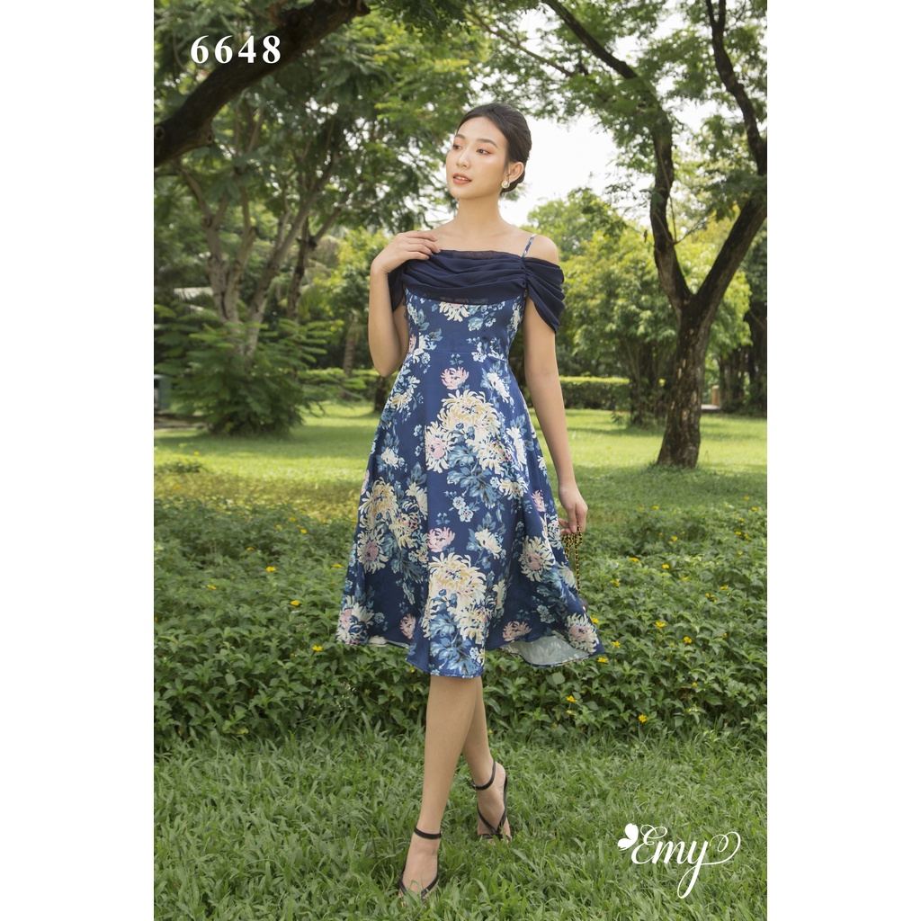 Đầm EMY EM6648 Xoè Hai Dây Choàng Vai Có Túi