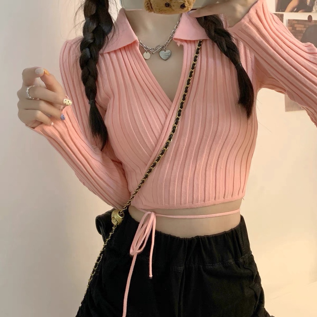 [Mã FAMARAL1 giảm 10K đơn 50K] Áo Croptop Cổ V Bẻ Vạt Chéo Dây Cột Bụng Tay Dài A5269