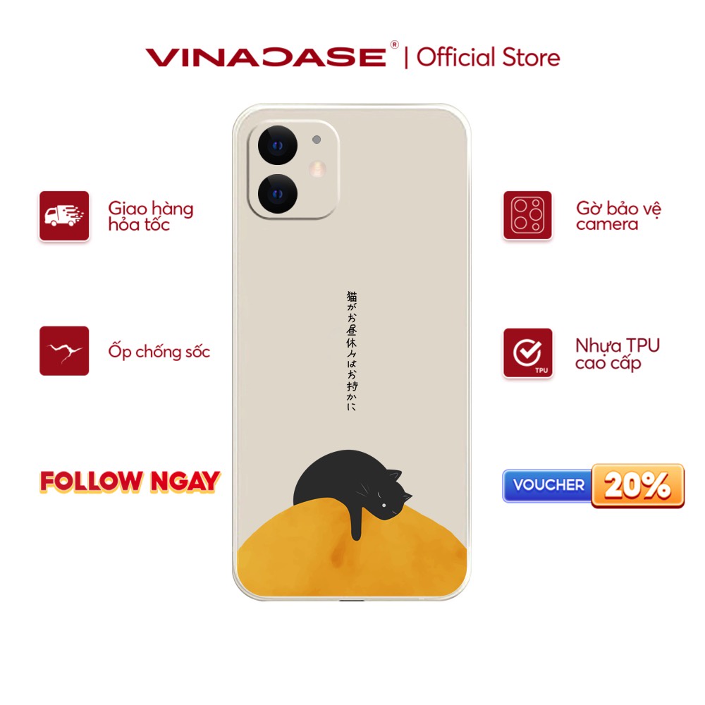 Ốp lưng Vina Case Iphone 6S/6 Plus/7G/8G/X/Xs/11/12/....dẻo cạnh vuông bảo vệ camera hình Mèo lười