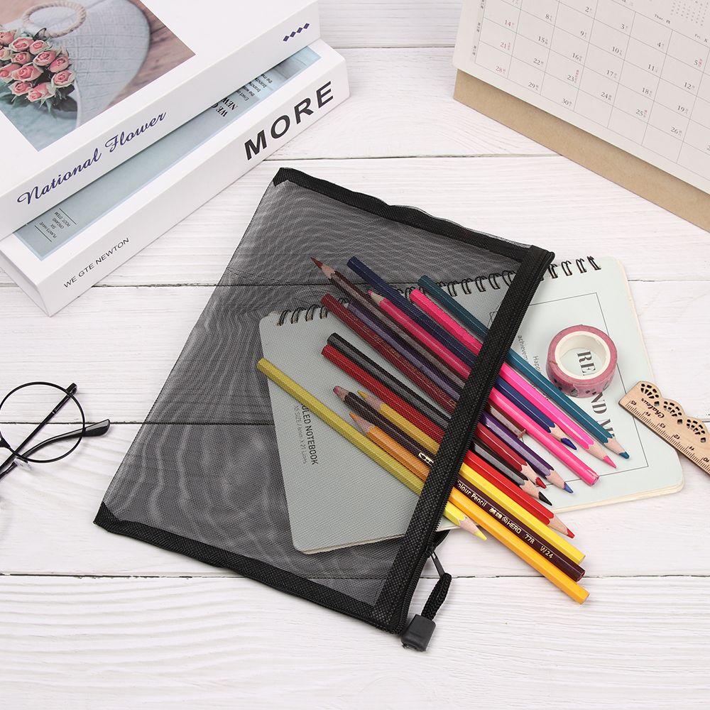 1 Túi Đựng Bút/Mỹ Phẩm/Mỹ Phẩm Bằng Nylon Trong Suốt Dạng Lưới Màu Trơn Có Khóa Kéo Thời Trang