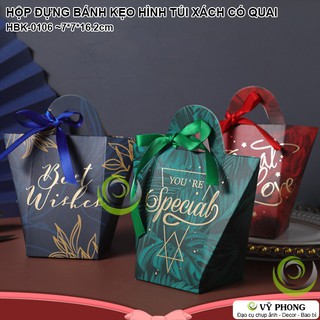 HỘP GIẤY ĐỰNG BÁNH KẸO QUÀ TẶNG HÌNH TÚI XÁCH CÓ QUAI IN HÌNH PHONG CÁCH BẮC ÂU HBK-0106