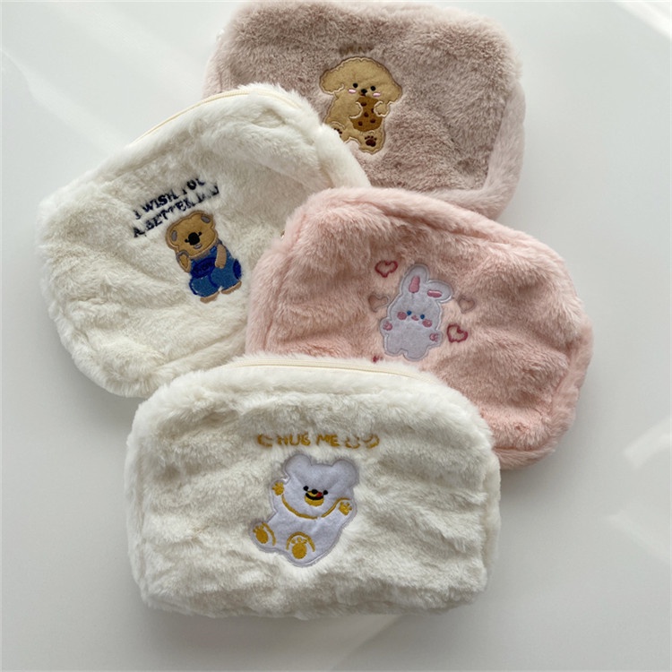 Túi Đựng Bút / Tiền Xu Bằng Lông Nhung Mềm Thêu Họa Tiết Hoạt Hình Phong Cách Hàn Quốc Cho Nữ Ốp