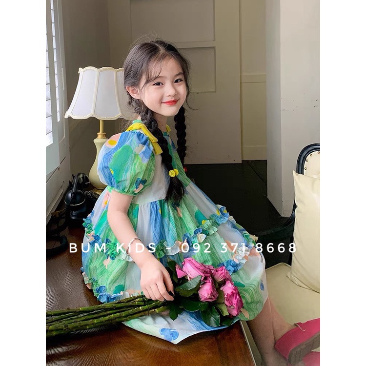 Váy hoa xanh đính nơ vàng điệu đà cho bé gái từ 8-35kg cao cấp G20