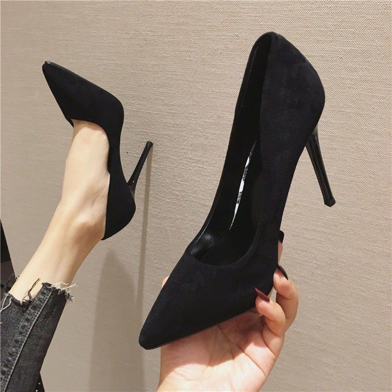Giày Cao Gót 5cm 7cmTTH281 Mũi Nhọn Chất Liệu Da Lộn Màu Đen Thời Trang Xuân Thu 2022 Cho Nữ