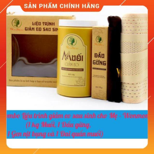 Combo Liệu trình giảm eo sau sinh Wonmom (1kg Muối , 1 Dầu gừng , 1 Gen nịt , 1 Đai quấn muối)