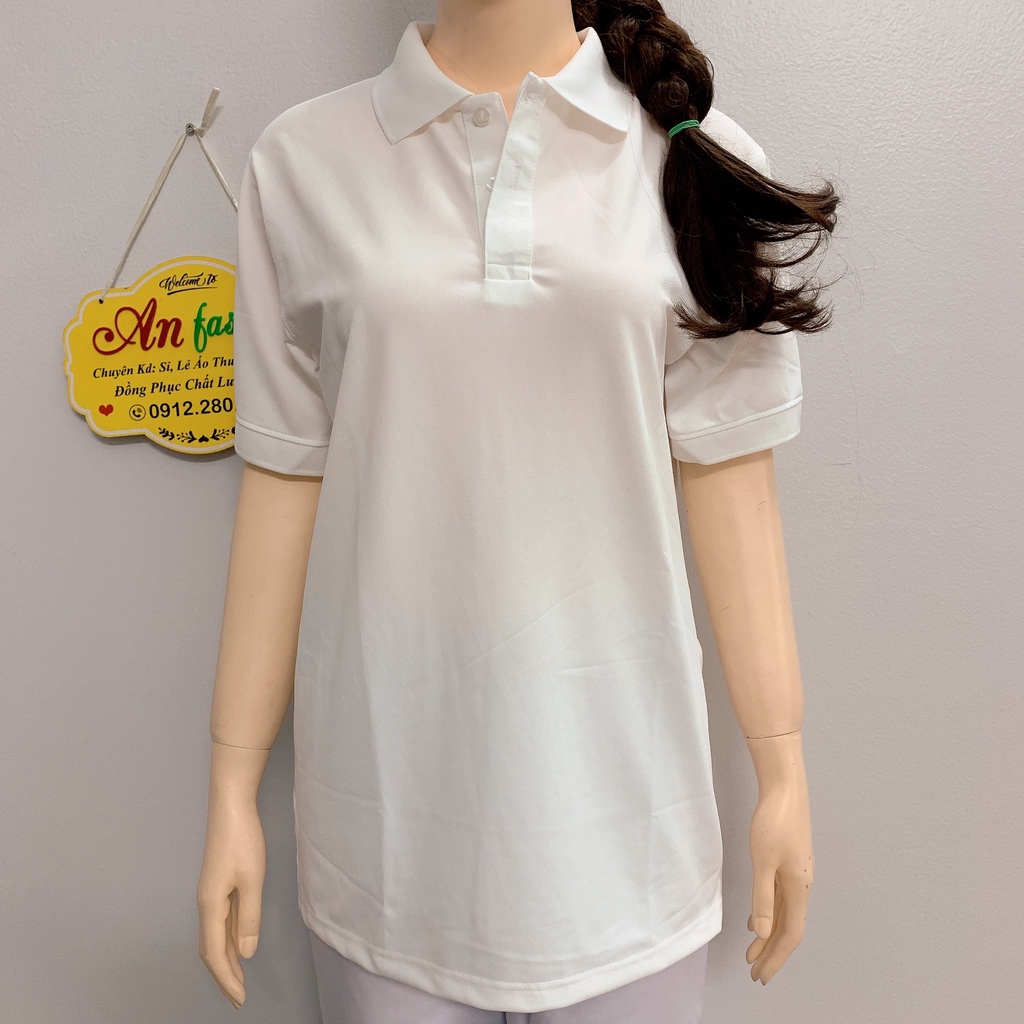 Áo polo màu trắng vải poly Thái cao cấp cho nam nữ _ Hình chụp thật