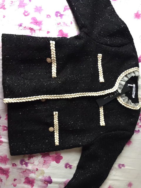 Áo khoác dạ tweed đen cổ tay voan bèo dáng ngắn [Ảnh thật 4-9] | BigBuy360 - bigbuy360.vn