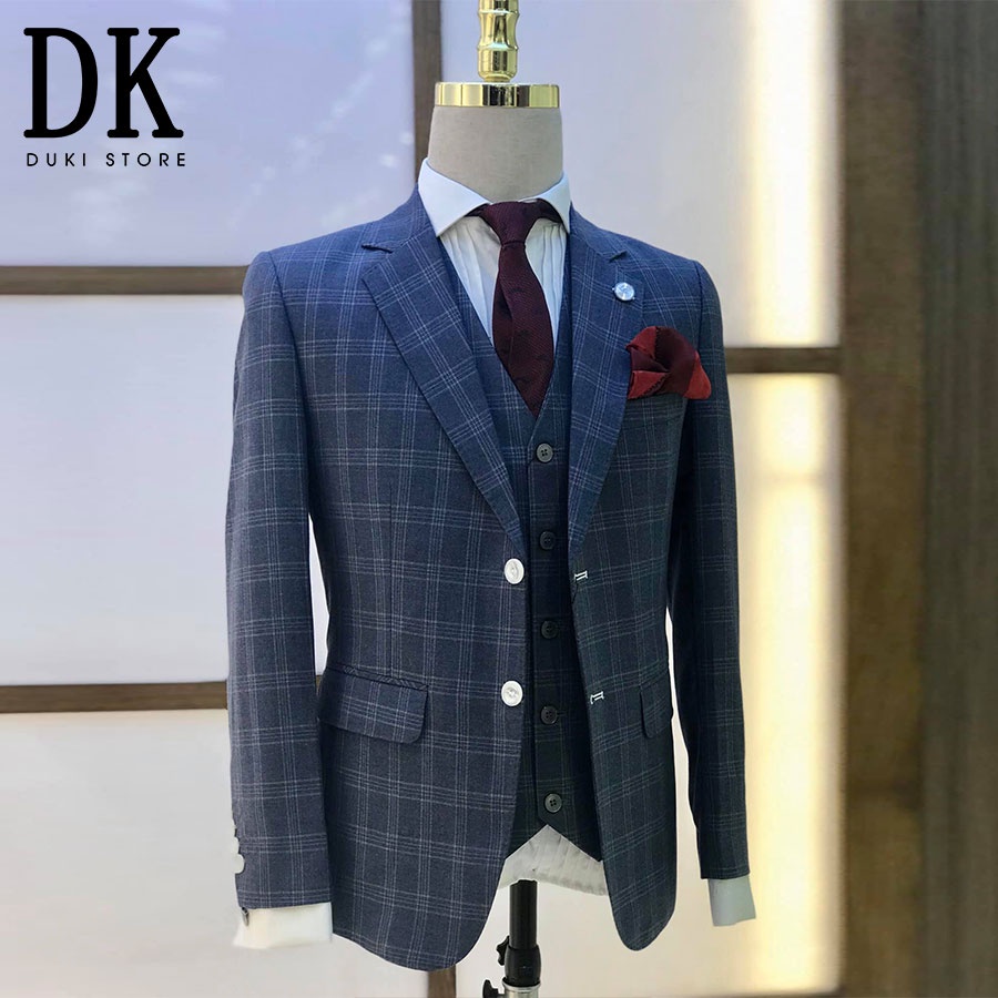 [SALE 50%] Bộ vest nam 2 cúc kẻ caro xanh xám sang trọng - DUKI STORE