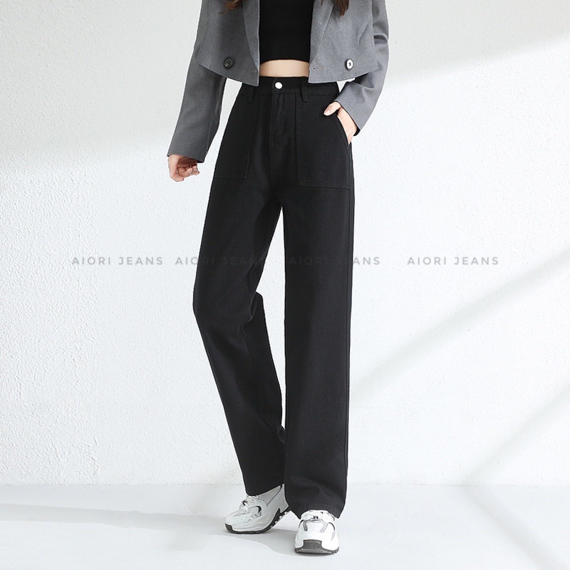 Quần Jeans Nữ Aiori Ống Rộng Lưng Cao 2 Nút Jean Ống Suông Trơn Lai Cuốn Phong Cách Thời Trang Hàn Quốc_Mã 62