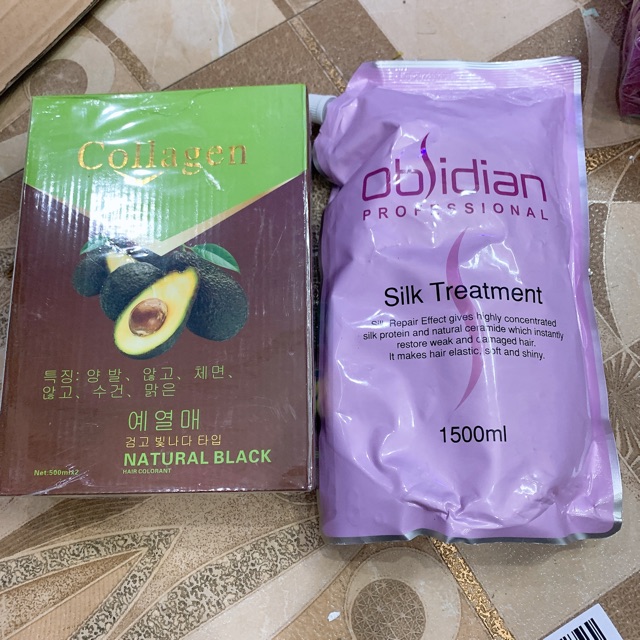 Combo Nhuộm Đen Phủ Bạc Bơ Collagen và Hấp Phủ Lụa Obsidian 1500ml