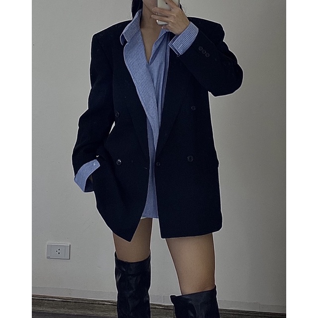(A1)áo sơ mi xanh sọc pastel cổ vest chéo form rộng đứng form oversize basic dễ phối đồ