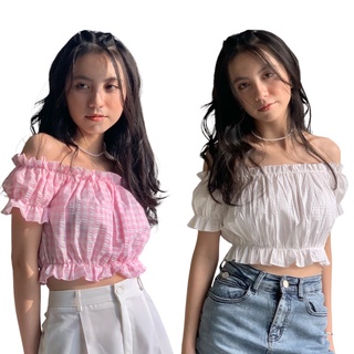 Áo trễ vai nữ LOLLIESTUDIO TKA328 dáng croptop kiểu ngắn tay vai bồng