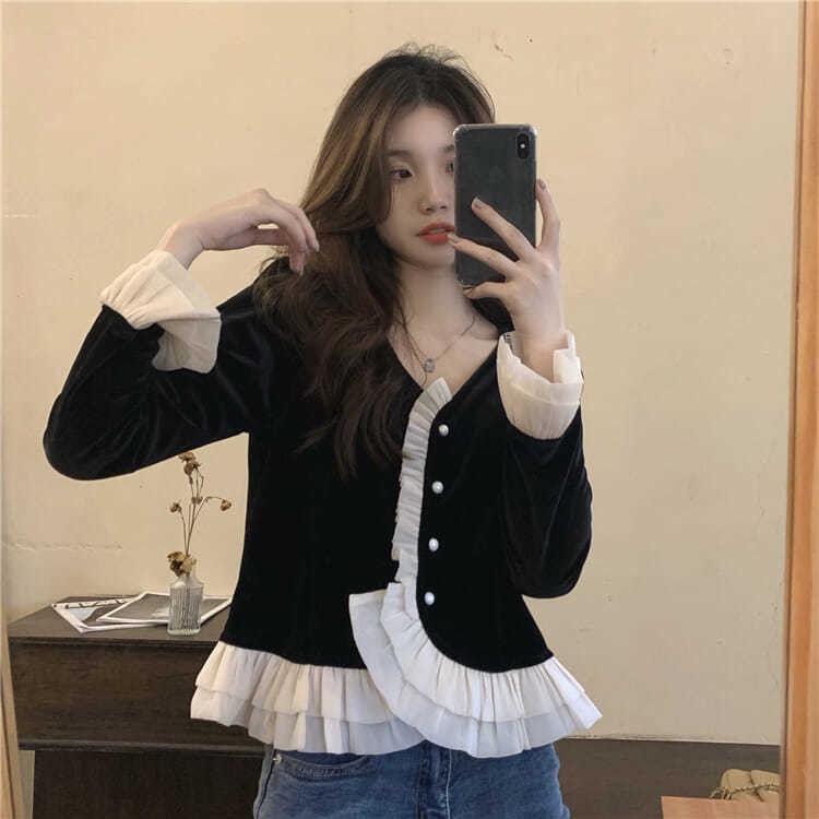 Áo Nhung Dài Tay Phong Cách Retro Pháp Cho Nữ
