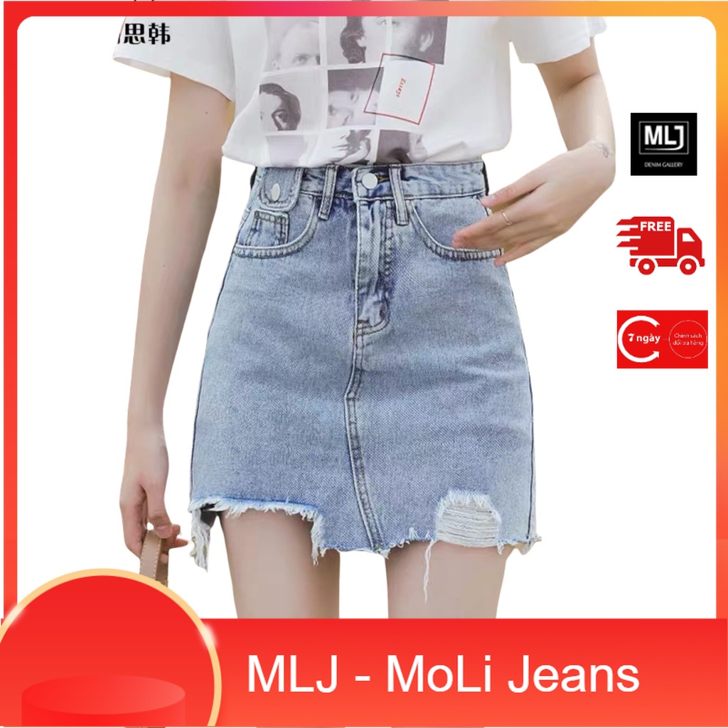 Quần váy jean BigSize lưng cao phom A nhẹ có túi nắp nhỏ, co dãn mạnh màu xanh nhạt Rách kiểu 3873