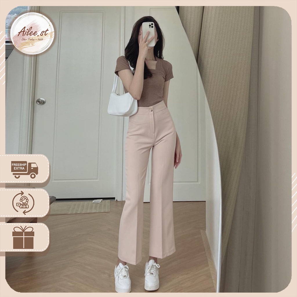 QNU 001A3 Quần Nữ Cạp Cao 1 Khuy Kéo Dáng Suông Loe Ngắn Vải Dày Dặn  Ailee