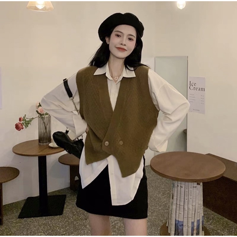 Áo gile len nữ kiểu dáng áo vest cổ V cài khuy