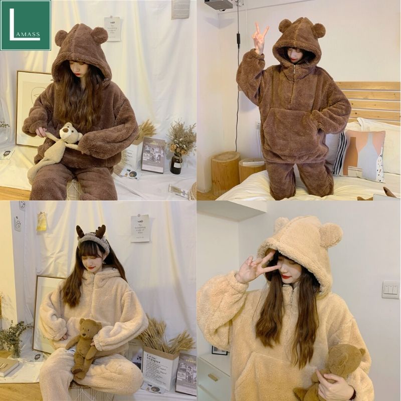 Bộ đồ mặc nhà lông gấu trơn 2 mầu nâu be ,bộ ngủ ấm áp vào mùa đông siêu cute dễ thương - LAMASS
