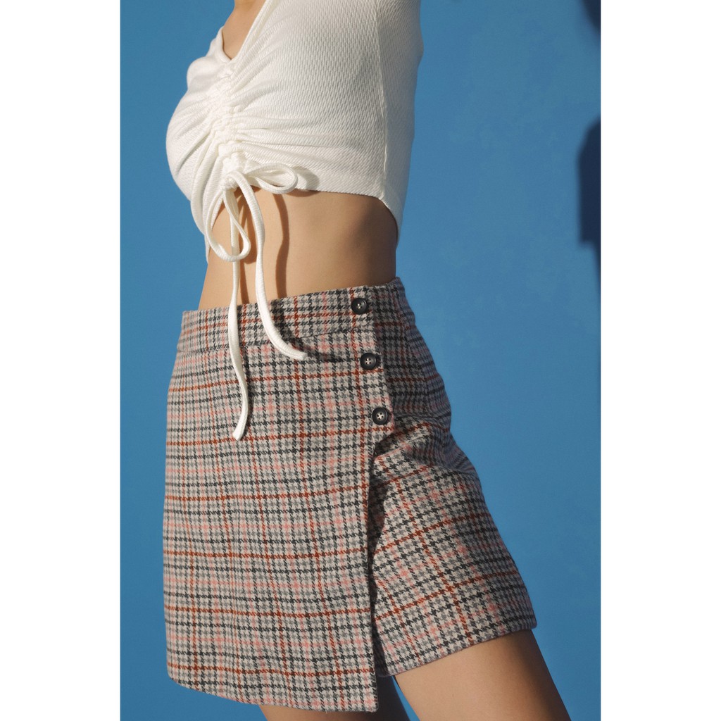 Chân váy kẻ sọc thời trang GAGO asymmetrical hem check wrap skirt màu hồng GO4002