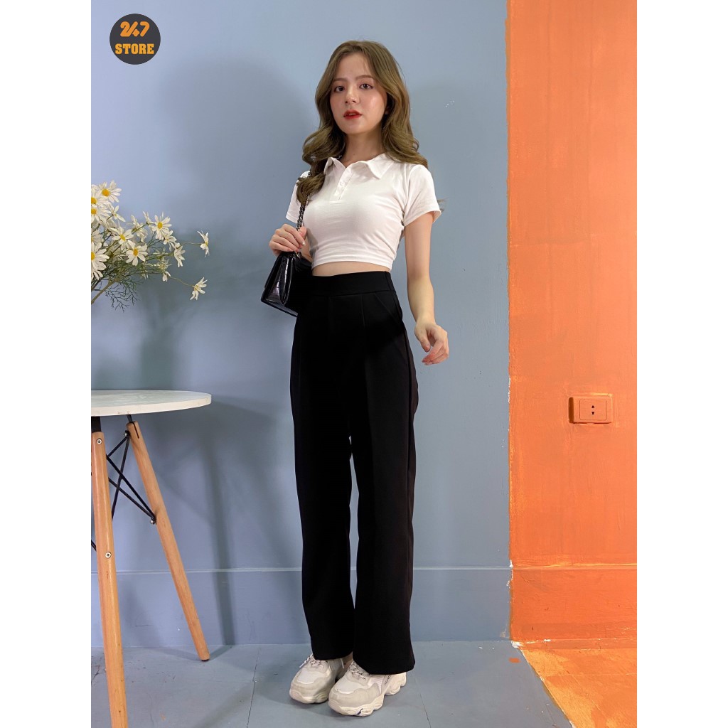 Quần tây nữ công sở khoá sườn , cạp cao , ống suông rộng vải tuyết mưa dày dặn 247Store Q02