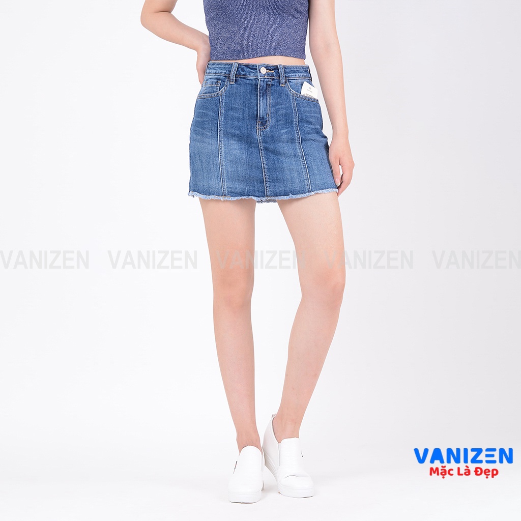 Chân váy jean nữ có quần bên trong đẹp lưng cao cạp cao trơn gân gấu tua rua hàng hiệu cao cấp mã 411 VANIZEN