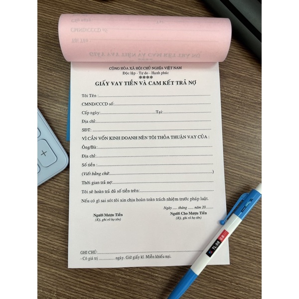 GIẤY VAY TIỀN KHỔ A5, 2 LIÊN 100 tờ/quyển