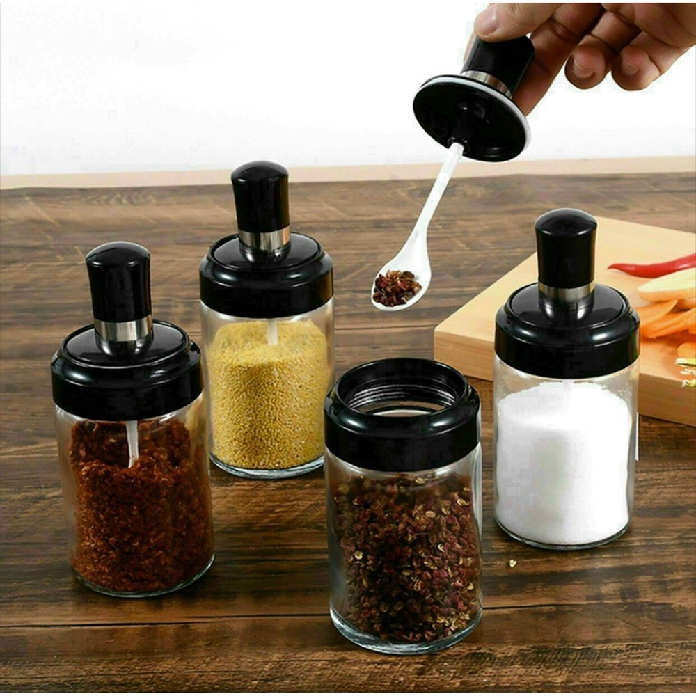 [Tặng 16 Nhãn] Trọn Bộ 4 Lọ Đựng Gia Vị V3 Mới Về Trong Suốt - Hũ Đựng Gia Vị Thủy Tinh Kèm Thìa Cao Cấp Thông Minh