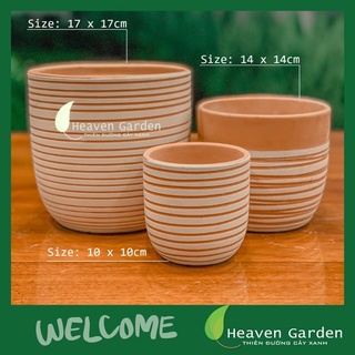 Chậu đất nung trứng sơn trắng sọc ngang 14x14cm- chậu trồng cây