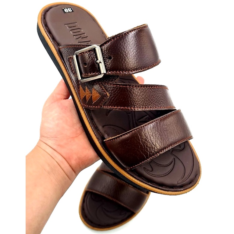 Dép Nam Da Bò 100% Thiết Kế 03 Quai Thời Trang - Đính Khuy Chống Gỉ D.3ql.