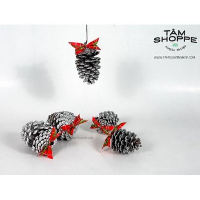 Quả thông bạc trang trí noel có nơ