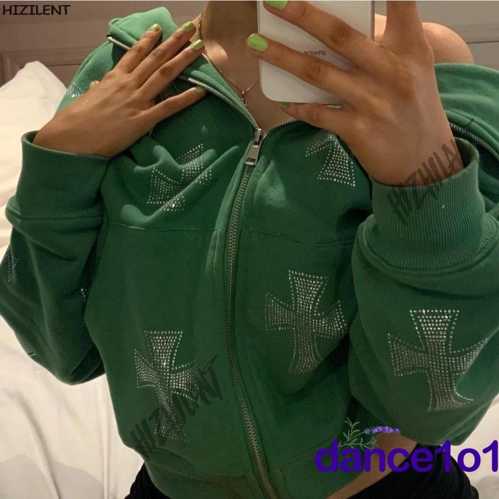 Áo hoodie tay dài in họa tiết đan chéo đính đá thời trang cho nữ