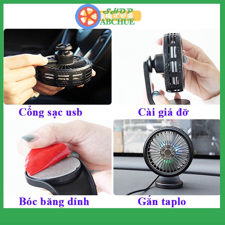 Quạt ô tô mini để taplo xe ô tô , Gắn cửa gió điều hòa có đèn led kết hợp sáp thơm