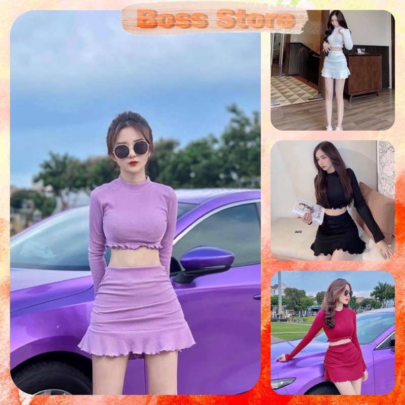 Sét chân váy đuôi cá + áo tay dài croptop chất thun Gân Len dày dặn co giãn tốt