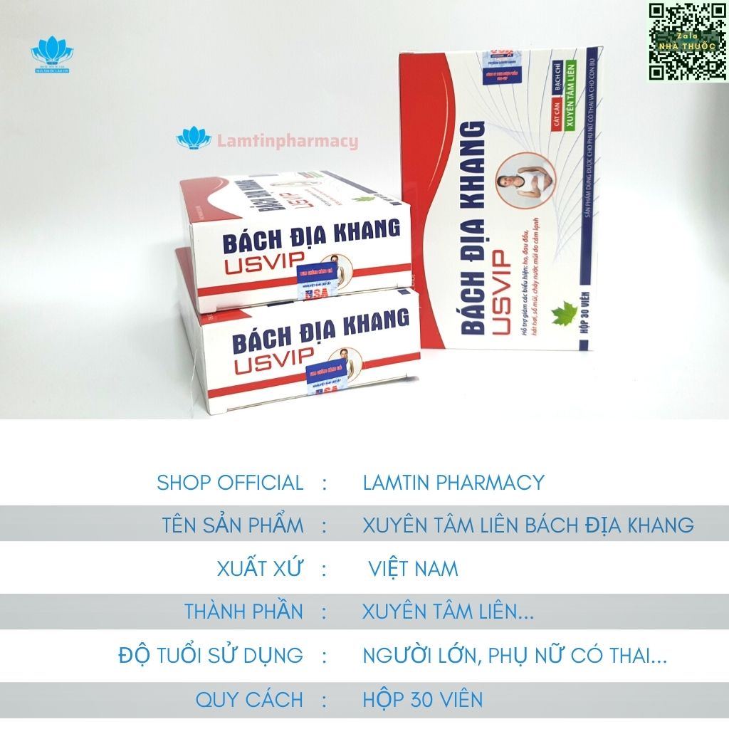 Xuyên Tâm Liên viên  Bách Địa Khang giảm ho, đau đầu, cảm cúm dùng được với phụ nữ có thai và cho con bú. Hộp 30v